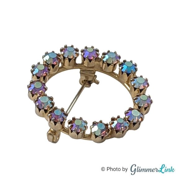 Vintage Aurora Borealis AB Rhinestones Infinity Circle Wreath Gold Tone Brooch - Picture 3 of 9
